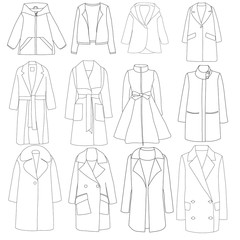 vector, isolated, set of sketches of a female coat