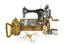 Watercolor Vintage Illustration Of Sewing Studio Equipment