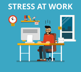 Wall Mural - stress at work concept. tired and overworked businessman or office worker sitting at his desk. flat 