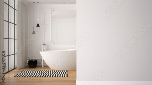 Fotografía Minimal luxury bathroom with bathtub, carpet, mirror and pendant lamps on a fore