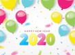 © ywouz - Colorful 2020 Happy New Year Greeting with Balloons and Scattered Conffetis. Vector Illustration. Design element for flyers, leaflets, postcards and posters.