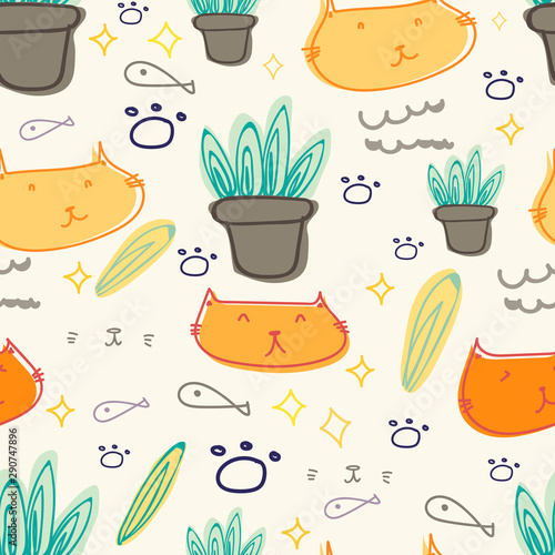 Cotton fabric Cute cat seamless pattern background. Vector illustration.