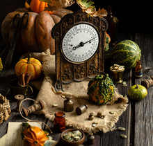 Autumn Thanksgiving Still Life Photography With Vintage Brass Scales, Weights And Assorted Green, Yellow, Orange Pumpkins