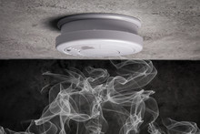 Close Up Smoke Detector On A Ceiling. Smoke, Fire Alarm