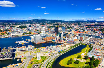 Wall Mural - Aerial view of Sentrum area of Oslo, Norway, with Barcode buildings and the river Akerselva