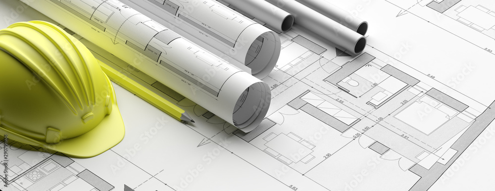 Residential building blueprint plans, banner. 3d illustration - obrazy, fototapety, plakaty 
