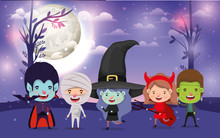Halloween Card With Kids Costumed In Dark Night Scene