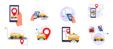 Call A Taxi. Car Selection And Navigation In The City With An Emphasis On Fare. Set Of Flat Vector Illustrations For Mobile Applications And Web Sites.