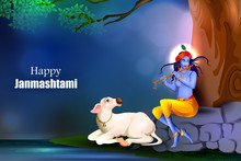 Easy To Edit Vector Illustration Of Lord Krishna Playing Flute On Happy Janmashtami Holiday Indian Festival Greeting Background