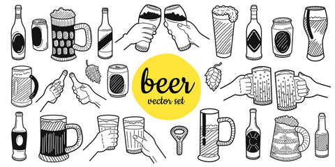 Wall Mural - Hand drawn beer elements. Set for menu decoration, websites, banners, presentations, backgrounds, posters, blogs and social networks. Vector illustration.