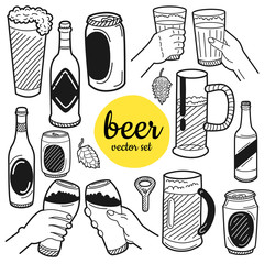 Wall Mural - Hand drawn beer elements. Set for menu decoration, websites, banners, presentations, backgrounds, posters, blogs and social networks. Vector illustration.