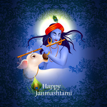 Easy To Edit Vector Illustration Of Lord Krishna Playing Flute On Happy Janmashtami Holiday Indian Festival Greeting Background