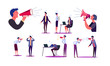 Set of people shouting at each other. Group of workers yelling with loudspeaker. Work quarrelling concept. Vector illustration can be used for presentation, project, webpage