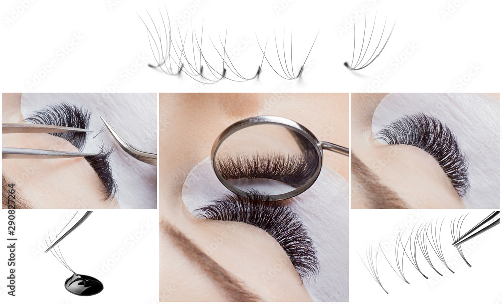 Eyelash extension procedure. Woman master works with tweezers lashes. Collage beauty salon, individual bundles and drop glue - obrazy, fototapety, plakaty 
