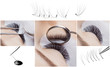 © Parilov - Eyelash extension procedure. Woman master works with tweezers lashes. Collage beauty salon, individual bundles and drop glue