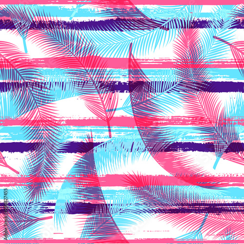 Decorative coconut palm leaves tree branches over painted stripes seamless pa...