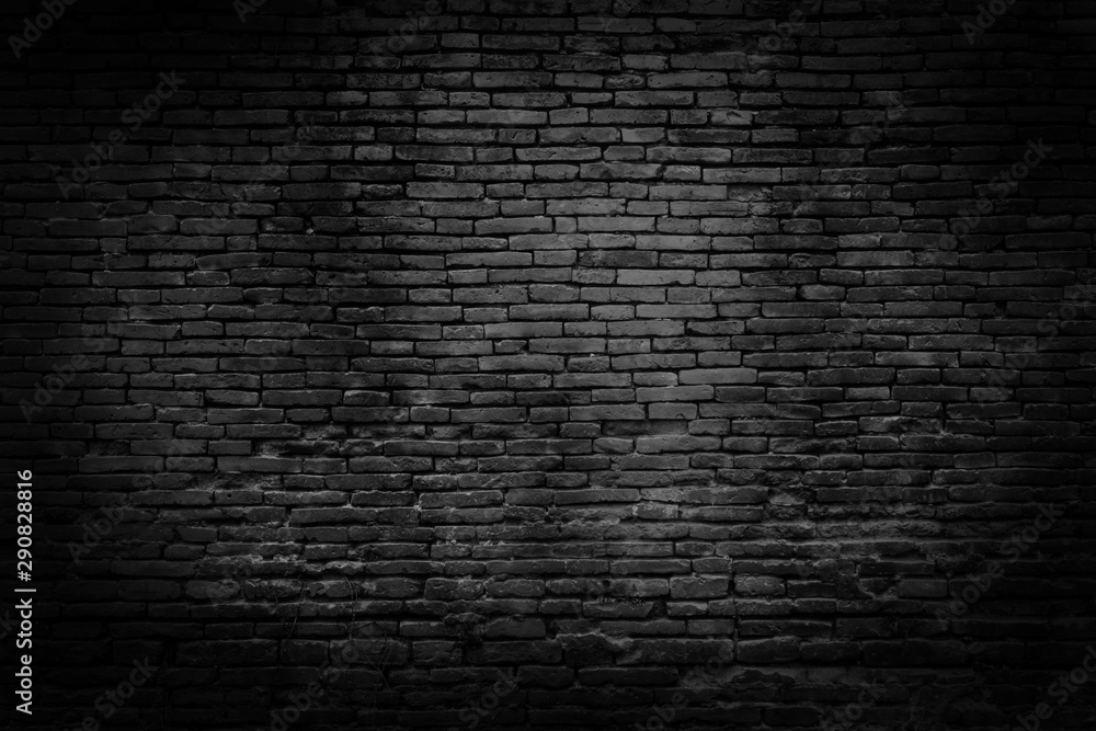 Black brick walls that are not plastered background and texture. The texture of the brick is black. Background of empty brick basement wall. - obrazy, fototapety, plakaty 
