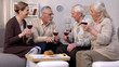 © motortion - Senior friends talking holding wine glasses relaxing home, pension togetherness