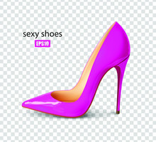 Beautiful Female Pink Shoes On A Transparent Background, Sexy Shoes, Classic. High-heeled Shoes, Patent Leather Shoes, Fuchsia Color. 3D Effect. Vector Illustration. EPS10