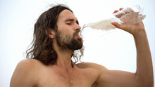 Man With Torso Greedily Drinking Water, Thirsty Wanderer Suffering From Heat
