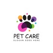 Pet shop clinic home care logo design with house, bright yellow sun and dog or cat footprints