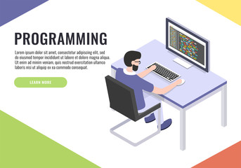 Wall Mural - software development vector illustration of web developer or programmer at computer. man sitting at 