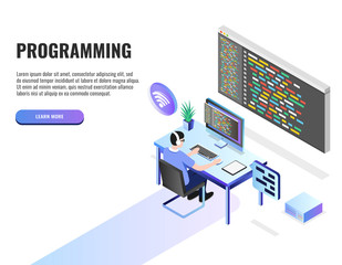 Wall Mural - programming concept, web engineer at work. web banner, infographics. isometric vector illustration.