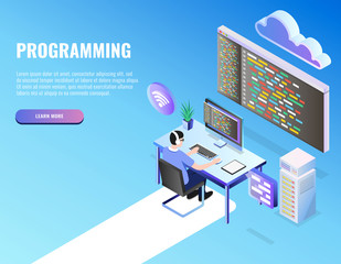 Wall Mural - programming concept, web engineer at work. web banner, infographics. isometric vector illustration.