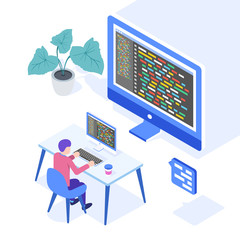 Wall Mural - programming concept, web engineer at work. man working on desktop computer. web banner, infographics