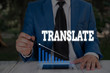 © A - Handwriting text writing Translate. Conceptual photo Another word with same equivalent meaning of a target language Male human wear formal work suit presenting presentation using smart device