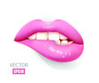 Sexy lips, bite one's lip, female lips with pink lipstick isolated on white background. 3D effect. Vector illustration. EPS10