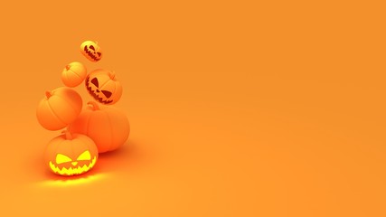 Scary halloween pumpkin with candle light inside. Flying Orange halloween pumpkins on purple, orange, and grey  background.Hholiday decoration. 3d render