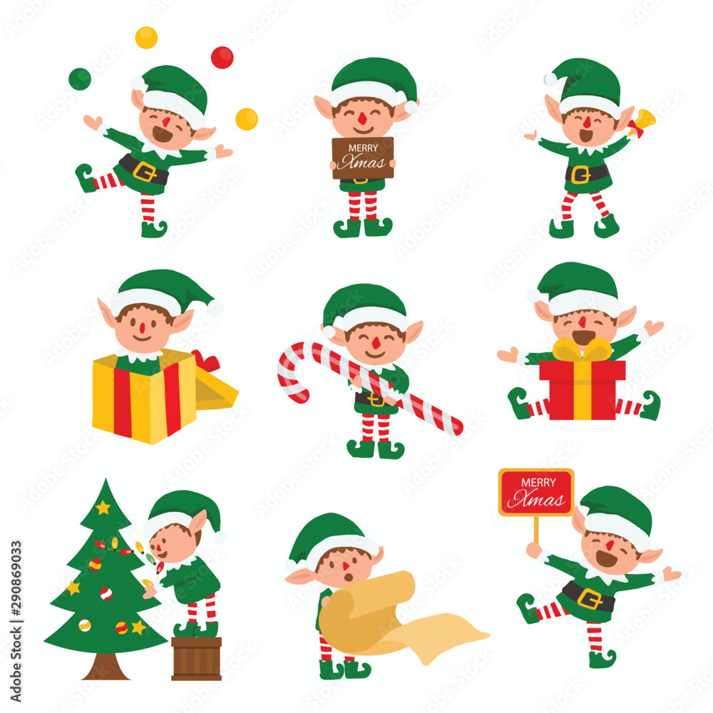 Collection of Christmas elves isolated on white background. funny and joyful santa helper sending holiday gift and decoration christmas tree .vector illustration. - obrazy, fototapety, plakaty 
