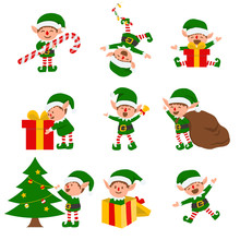 Collection Of Christmas Elves Isolated On White Background. Funny And Joyful Santa Helper Sending Holiday Gift And Decoration Christmas Tree .vector Illustration.