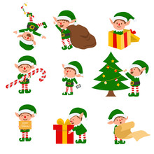 Collection Of Christmas Elves Isolated On White Background. Funny And Joyful Santa Helper Sending Holiday Gift And Decoration Christmas Tree .vector Illustration.