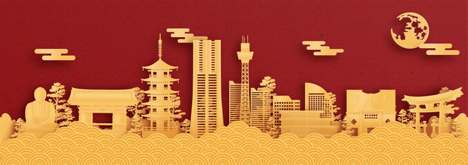 Fototapete - Panorama postcard and travel poster of world famous landmarks of Yokohama, Japan in paper cut style vector illustration