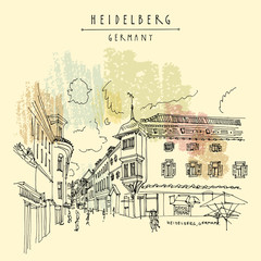 Wall Mural - Heidelberg, Germany, Europe. Town square with side walk cafes in the old town. Travel sketch of vintage street and baroque buildings. Vintage hand drawn postcard