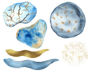 Wall Mural - Watercolor abstract blue and Indigo spots, shapes, textures with gold elements