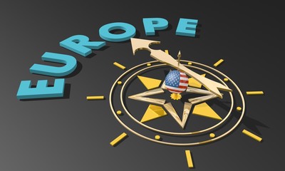 Wall Mural - Politic and economic relationship between USA and European Union. Golden arrow of a compass pointing to the Europe. 3D rendering.