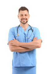 Canvas Print - Male nurse with stethoscope on white background