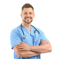 Canvas Print - Male nurse with stethoscope on white background