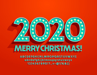 Sticker - Vector colorful Greeting Card Merry Christmas 2020. Electric lamp Font in Vintage Style. Bright creative Alphabet. 