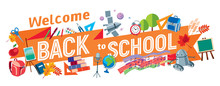 Welcome Back To School. An Inscription On A Blackboard Tape Surrounded By School Subjects. Vector Full Color Graphics. Vector Full Color Graphics