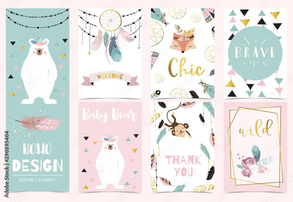 Collection of boho cards set with fox,monkey,dreamcatcher,bear.Vector illustration for birthday invitation,postcard and sticker.Editable element - obrazy, fototapety, plakaty 