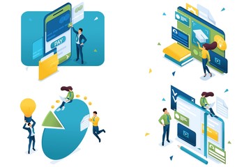 Wall Mural - set of isometric concepts fast payment, online education, learning system, chart for research. for c