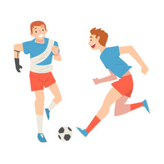 Sticker - Man with Arm Prosthesis Playing Soccer with His Friend, Active Amputee Man Training with Soccer Ball, Friendship and Support, Person Enjoying Full Life Vector Illustration