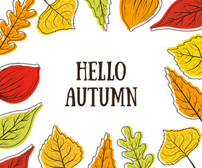 Sticker - Hello Autumn Banner Template with Bright Colorful Leaves, Card