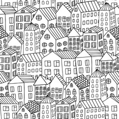  Cartoon hand drawing city houses seamless pattern. Black and white repeating background for coloring. Doodle houses.