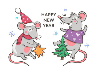 Sticker - Template image Happy new year party with rat, white background new year 2020. Funny sketch mouse Vector illustration.