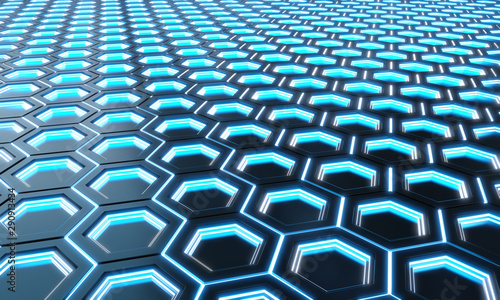 Glowing black and blue hexagons background pattern on silver metal surface 3D...